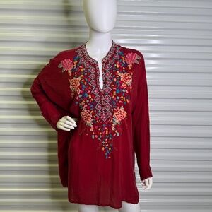 Johnny Was Womens M Heavy Floral Embroidered V Neck Roll Tab Sleeve Top Blouse